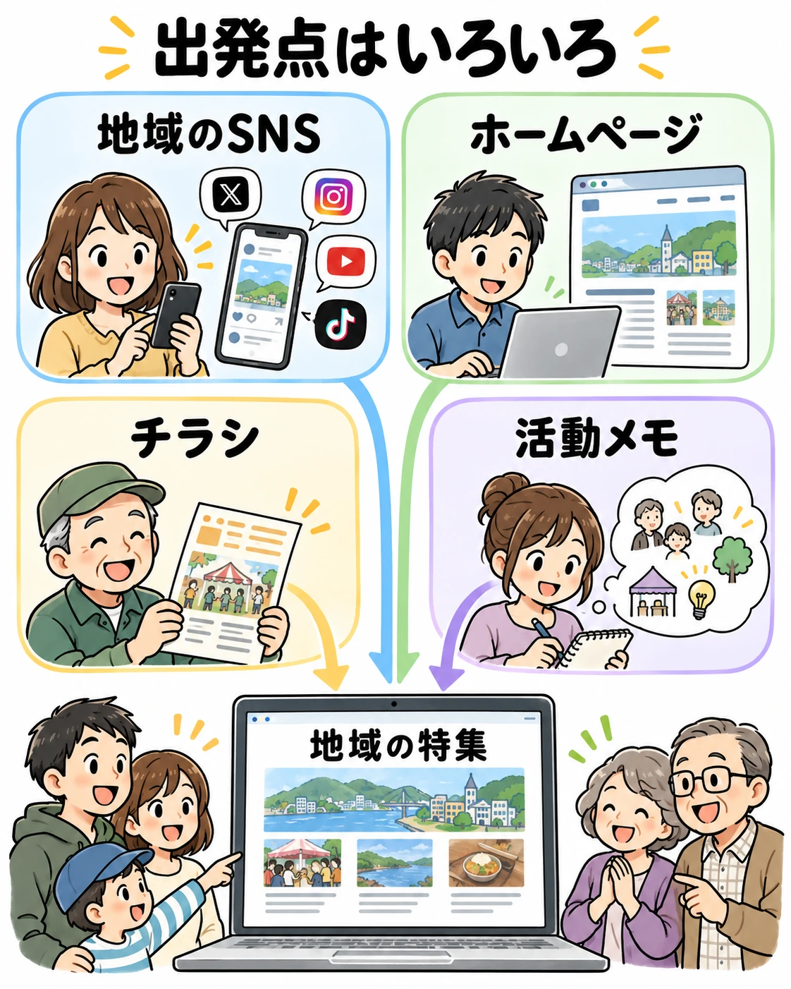 地域のSNS、ホームページ、チラシ、活動メモから地域の特集を作れる図解