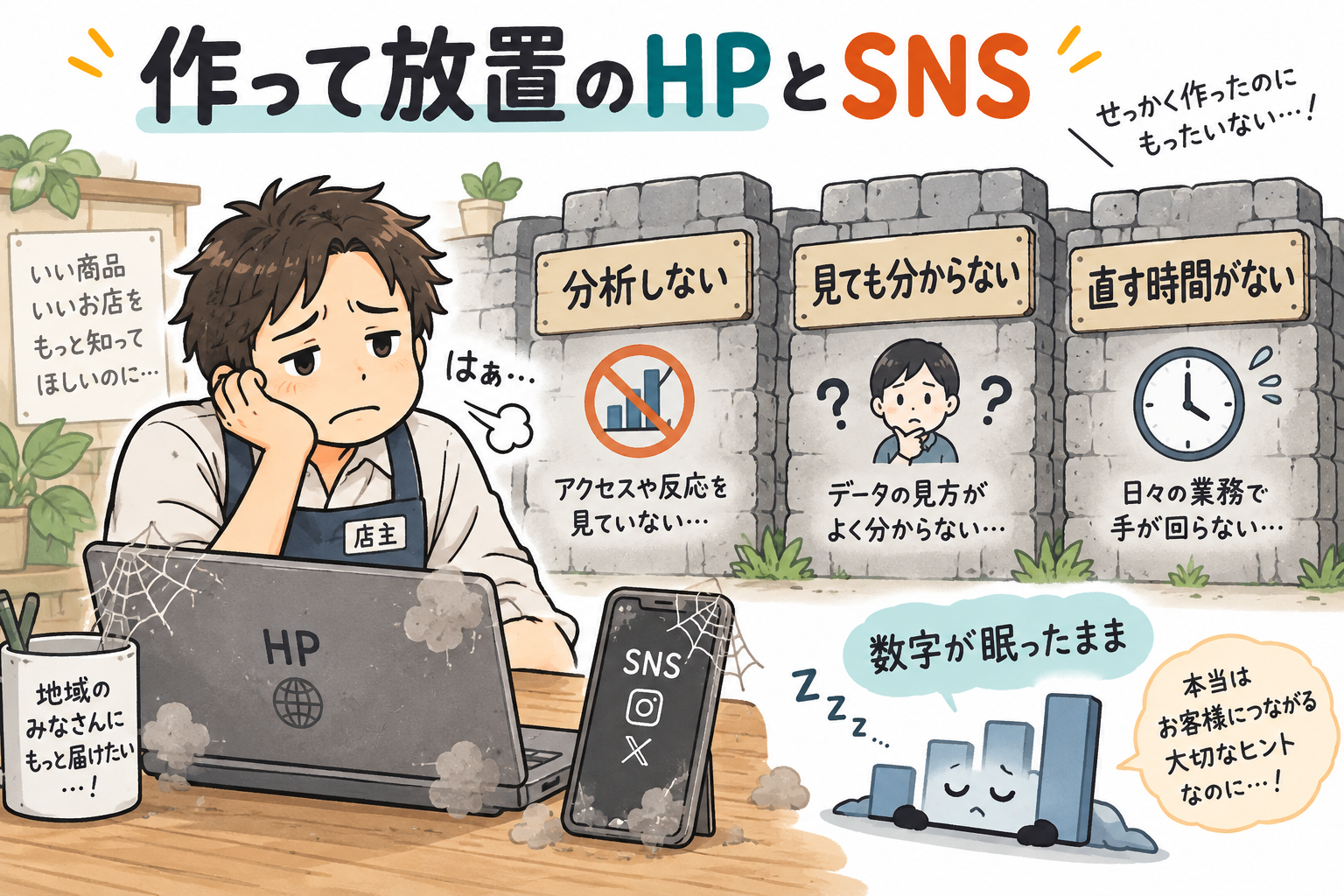 ホームページとSNSを作ったまま放置してしまう3つの壁を示す図解