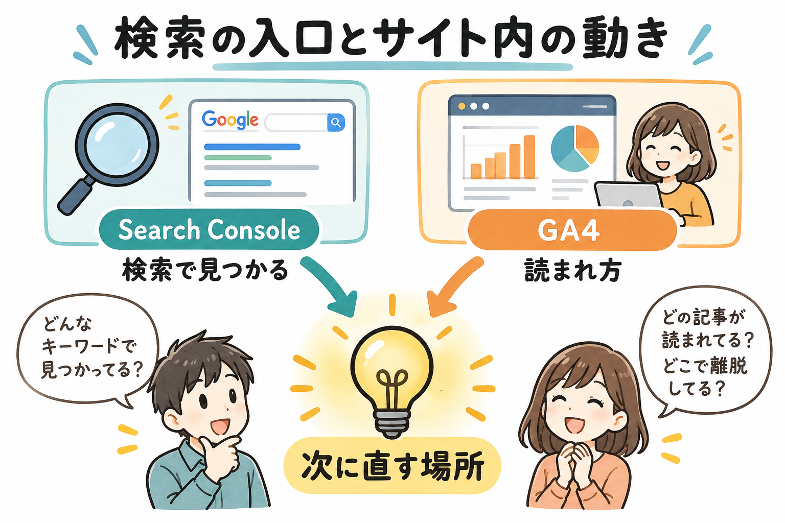 Search Consoleは検索で見つかる入口、GA4はサイト内での読まれ方。2つを合わせて次に直す場所を見つける図解