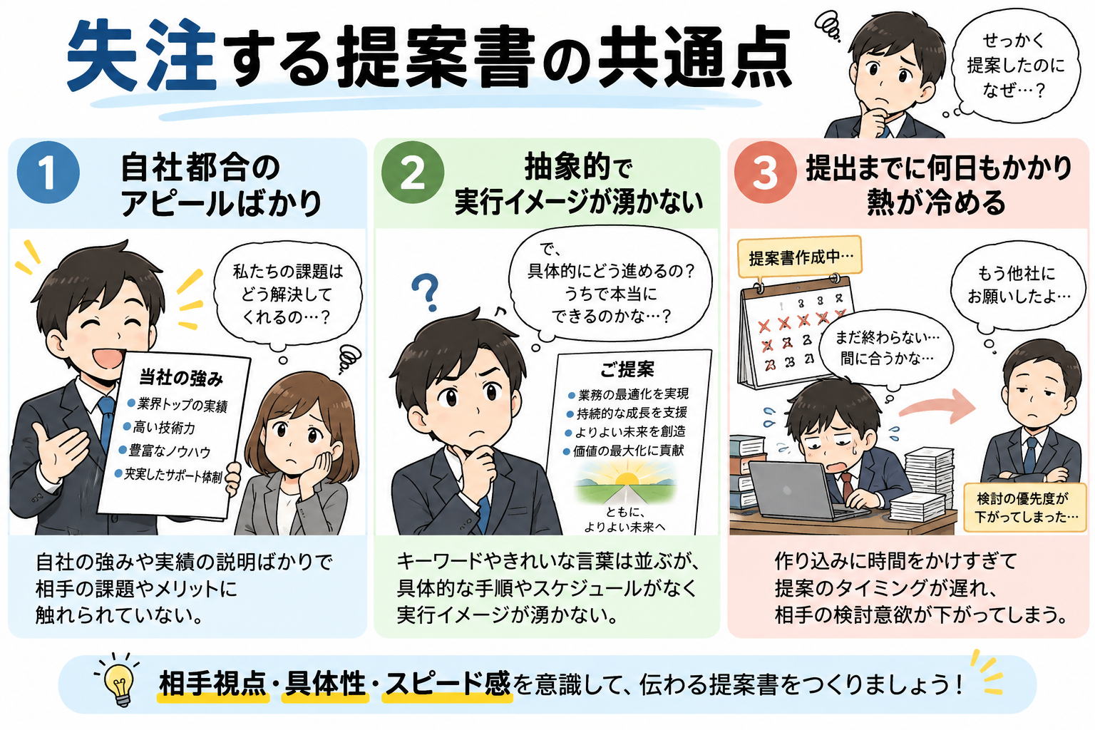 自社アピール過多、抽象的でイメージが湧かない、提出が遅いという失注の3大原因。