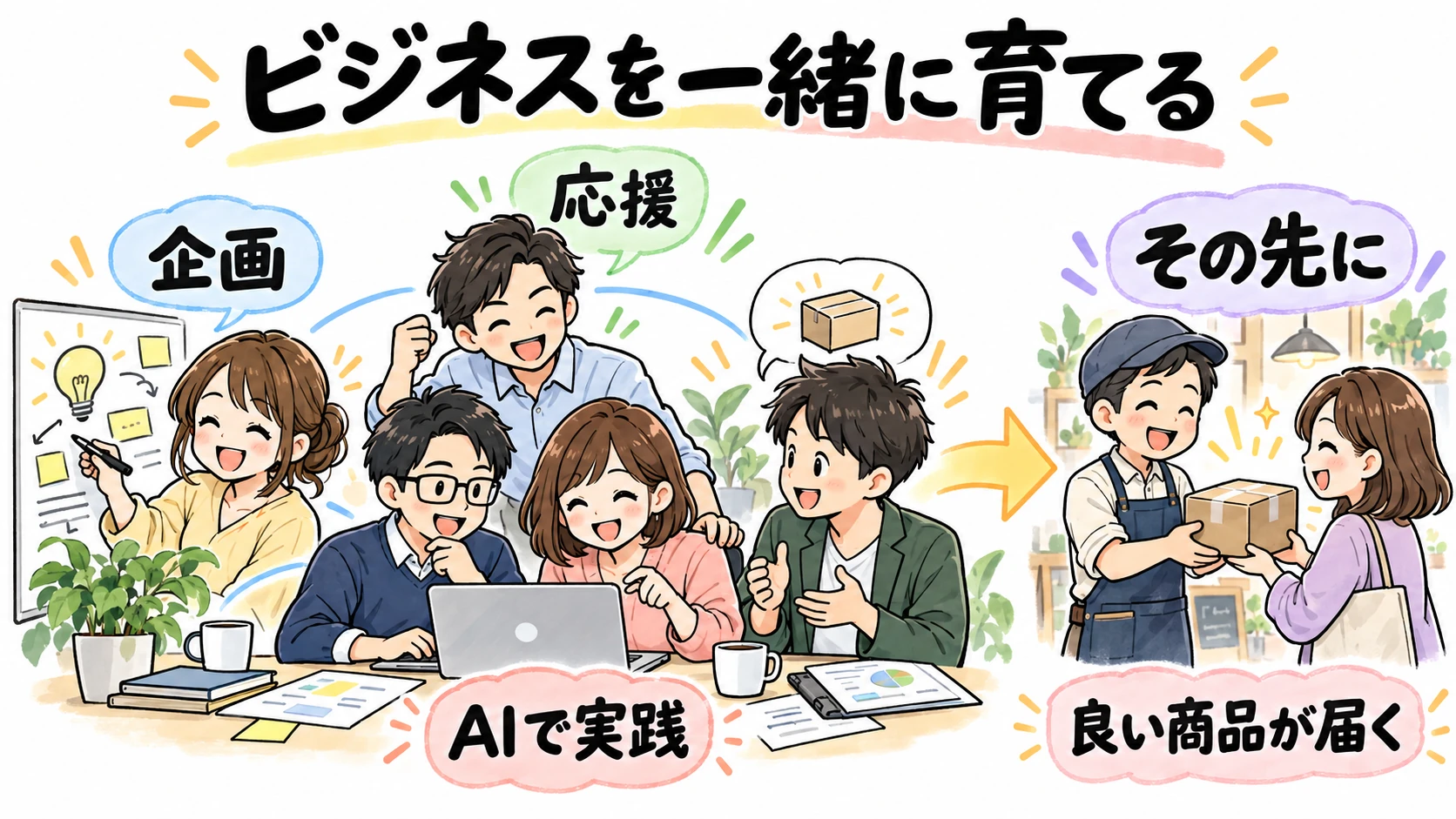企画、応援、AIでの実践を通じて仲間のビジネスを育て、その結果として良い商品が届くことを願う図解