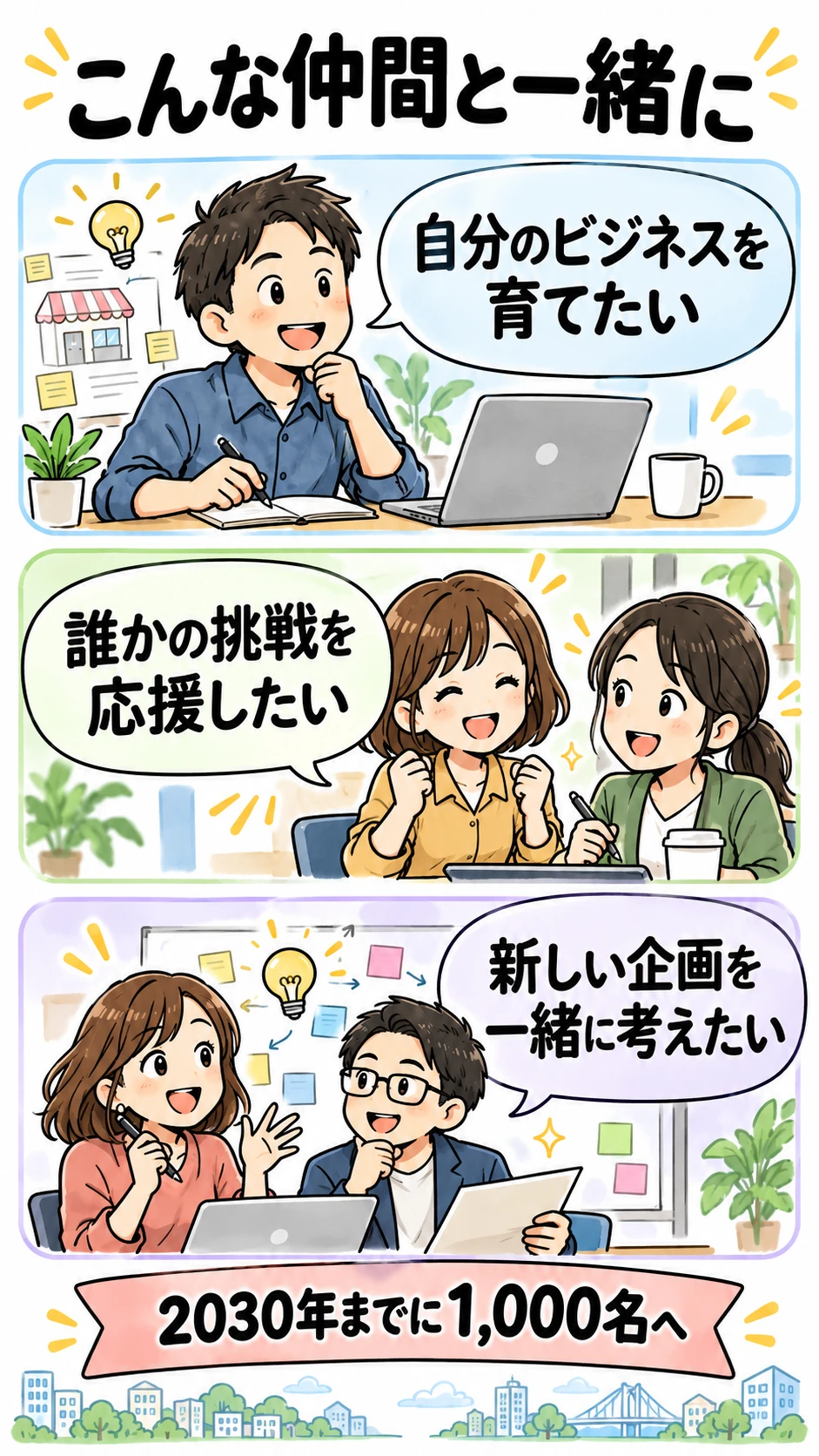 自分のビジネスを育てたい人、誰かの挑戦を応援したい人、新しい企画を一緒に考えたい人と、2030年までに1,000名を目指す