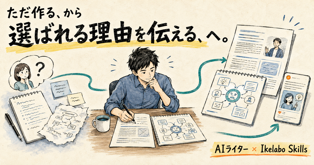 ただ作るから選ばれる理由を伝えるへ。AIライターとIkelabo Skillsの更新を伝える、手描きビジネス漫画風のタイトル画像