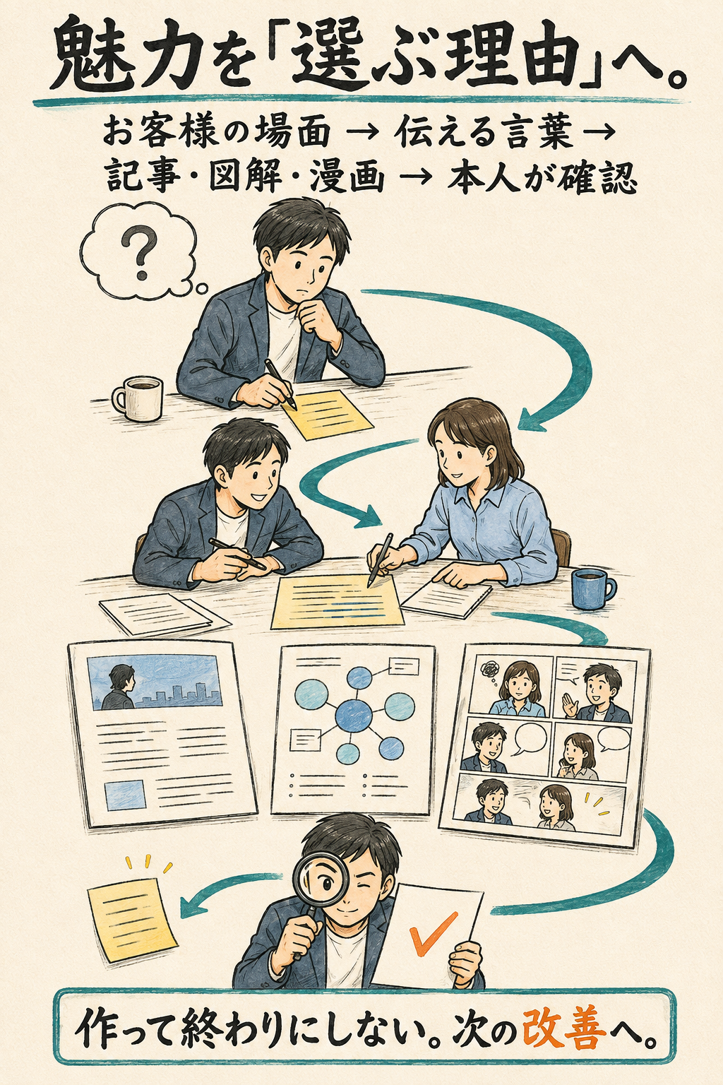 お客様の場面、伝える言葉、記事・図解・漫画、本人の確認、次の改善へという流れを描いた手描き図解