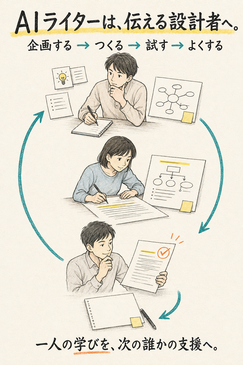 AIライターは伝える設計者へ。企画する、つくる、試す、よくするの循環を描いた手描き図解