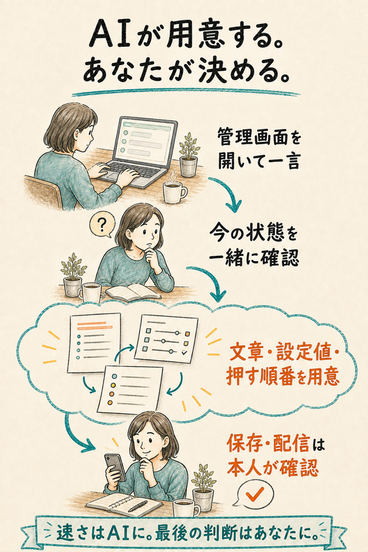 管理画面を開く、今の状態を確認する、AIが文章と設定と手順を用意する、本人が保存と配信を確認する流れの図解