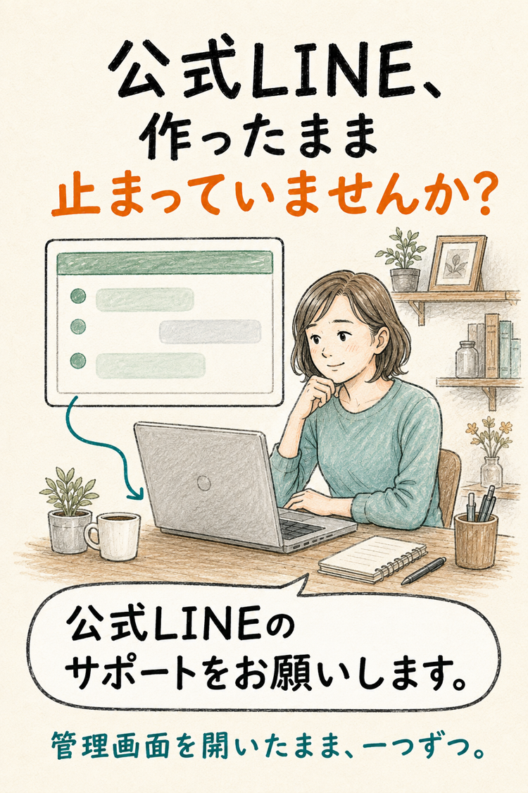 公式LINEの管理画面を前に迷っていた個人事業主が、Ikelabo Skillsへ一言相談し、一つずつ設定を進める手描きイラスト