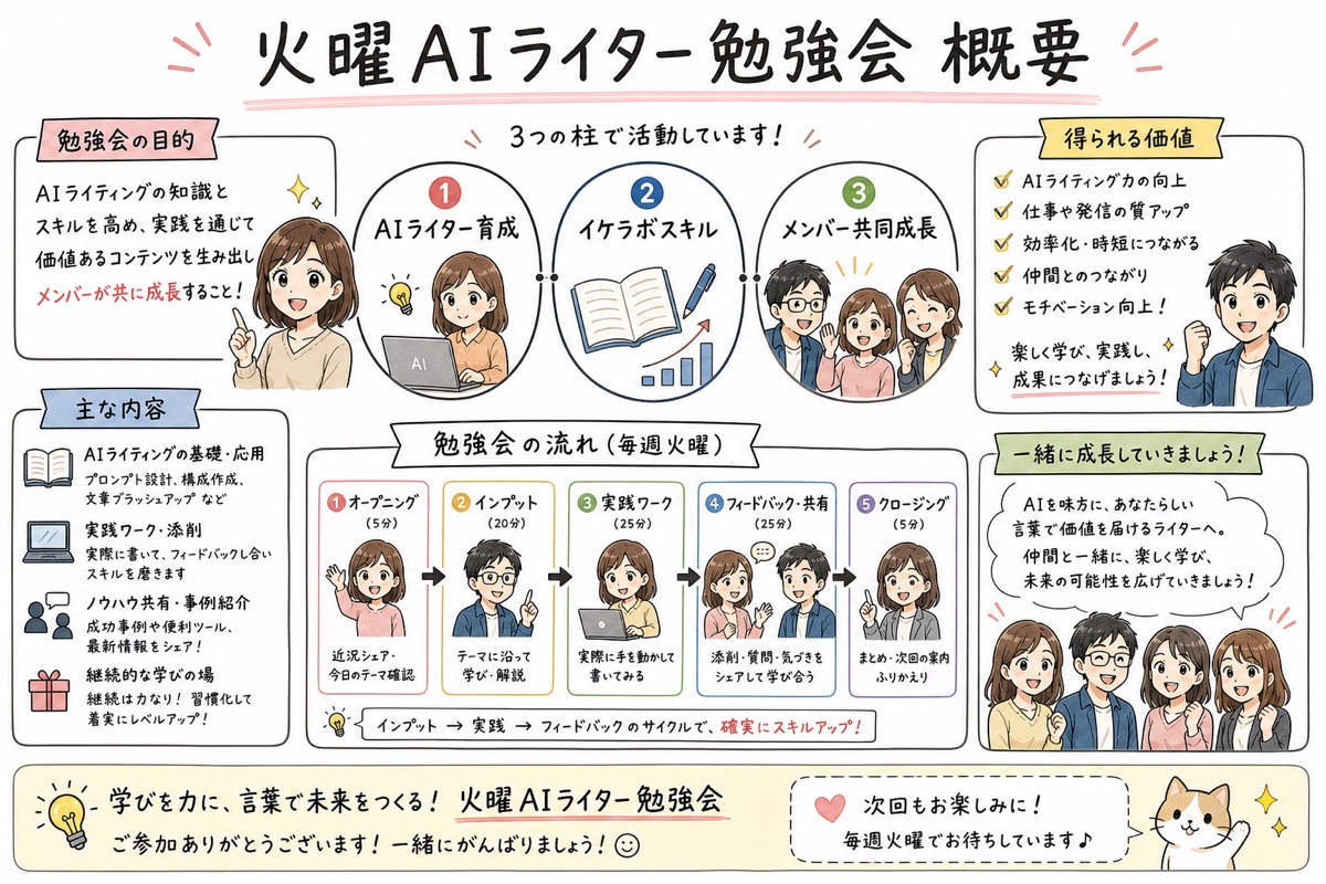 毎週火曜のAIライター勉強会で、AIスキルとビジネス構築を学び実践成果を共有する循環の全体図