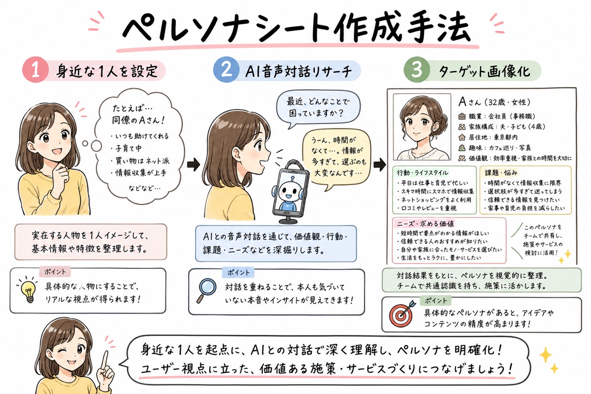 実在する身近な一人を起点に、音声対話でペルソナシートと画像を作る手順の図解