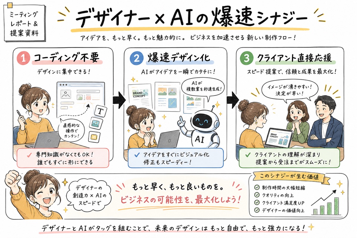 デザイナーの設計力とAIのコーディング速度を組み合わせて制作を高速化するシナジーの図解