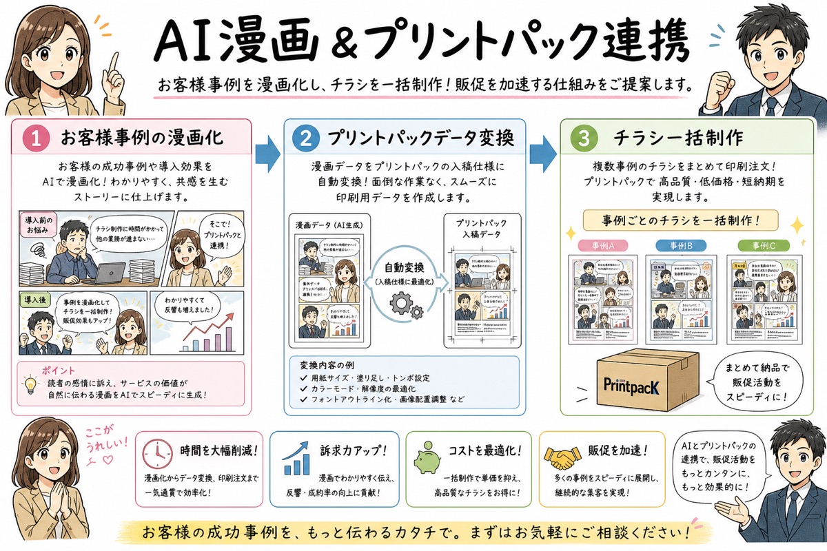 お客様の体験談をAI漫画化し、印刷所へ入稿できるチラシデータまで自動変換する流れの図解