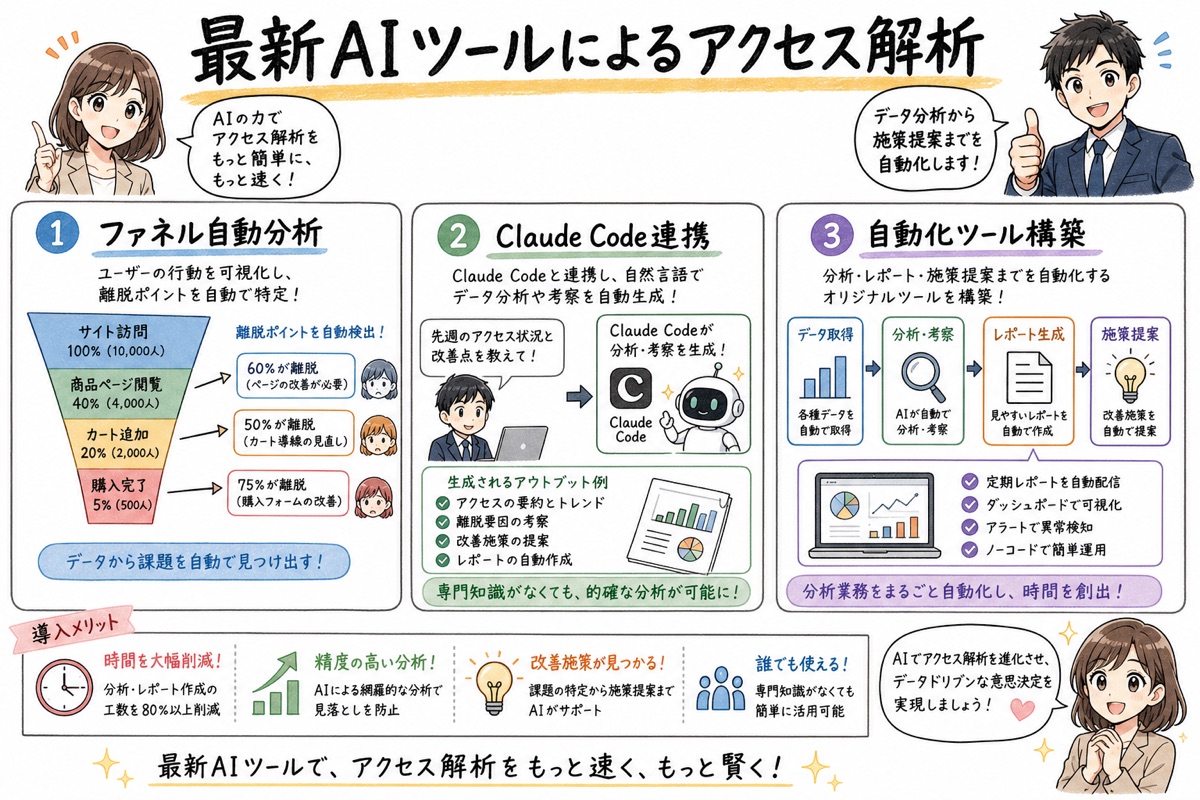 アクセス解析やファネル構築を一括管理する最新AIツールの検証アプローチの図解