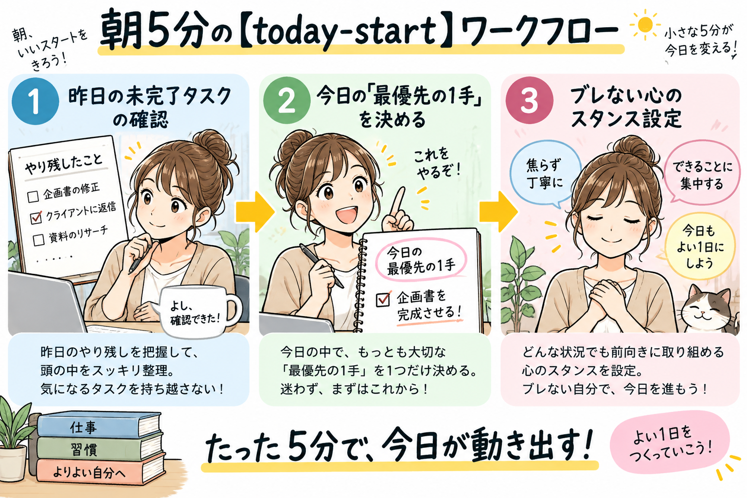 昨日の未完了タスクを確認し、今日最優先の1手を決め、心のスタンスを整える朝5分。