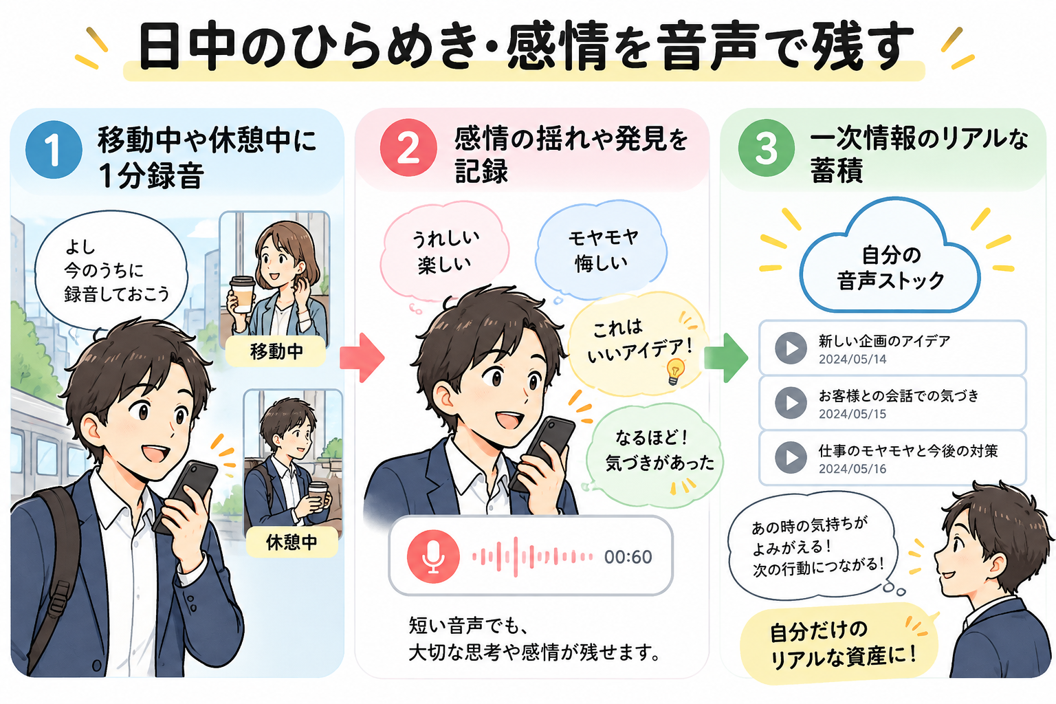 移動中や休憩中にスマホで1分録音し、生の感情や気づきをリアルタイムにストック。