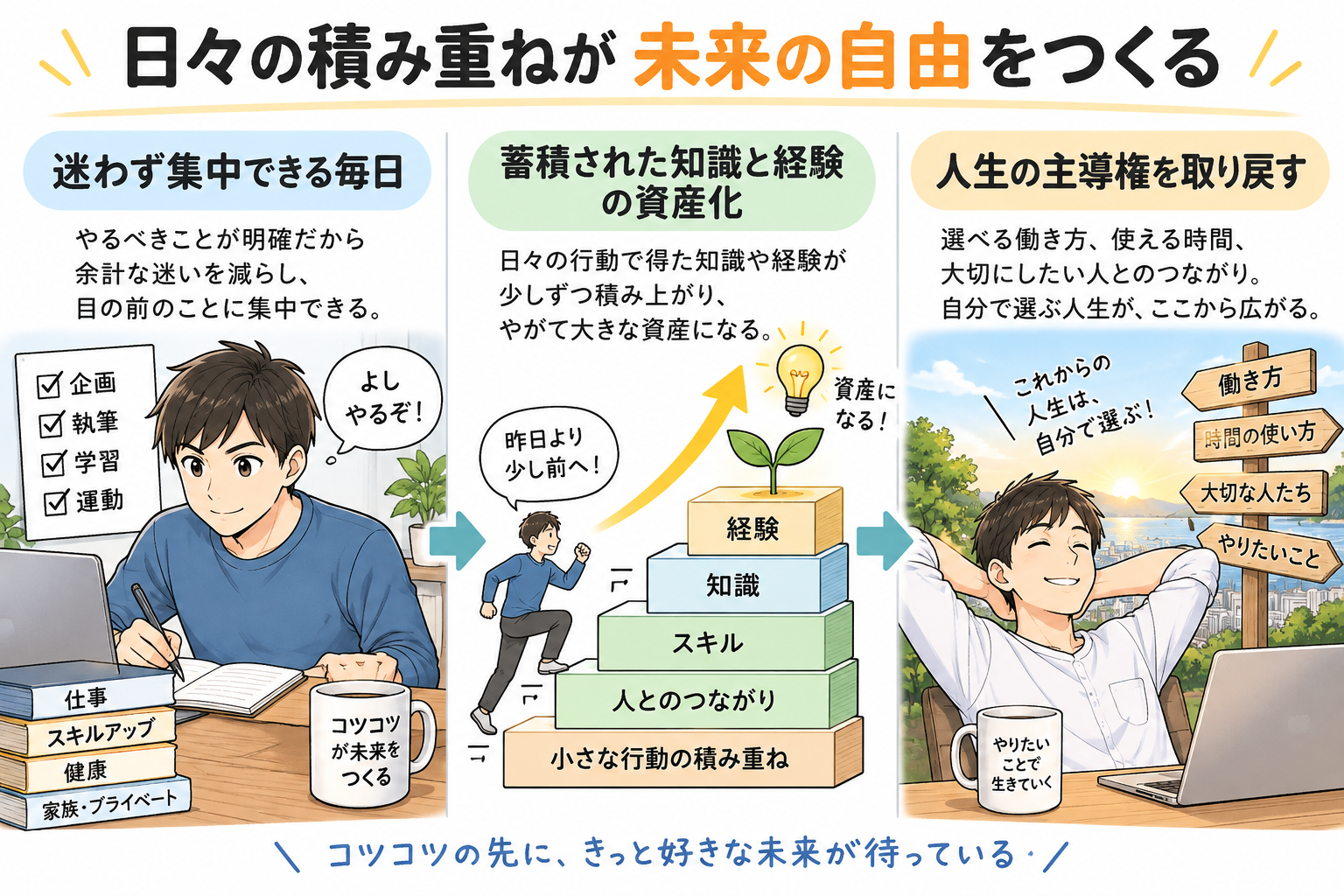 日々の小さな習慣が積み重なり、時間的・精神的な自由を手に入れる未来。