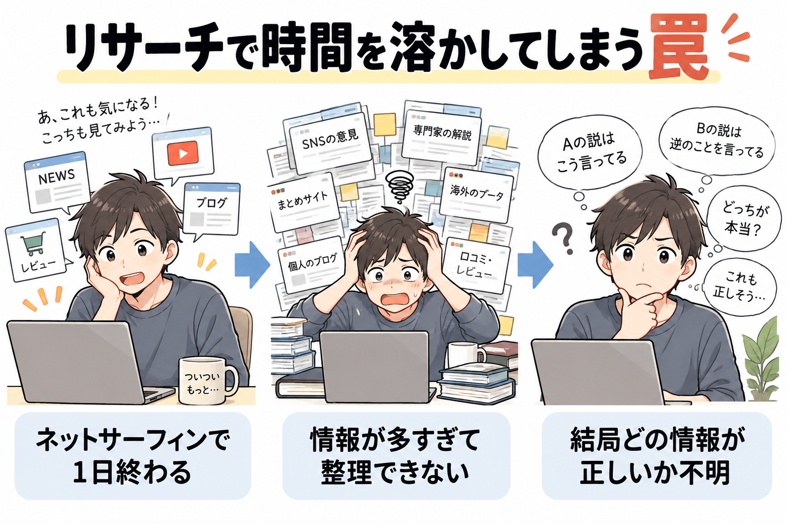ネットサーフィンで時間が溶ける、情報過多で整理不能、真偽不明という3大リサーチの罠。