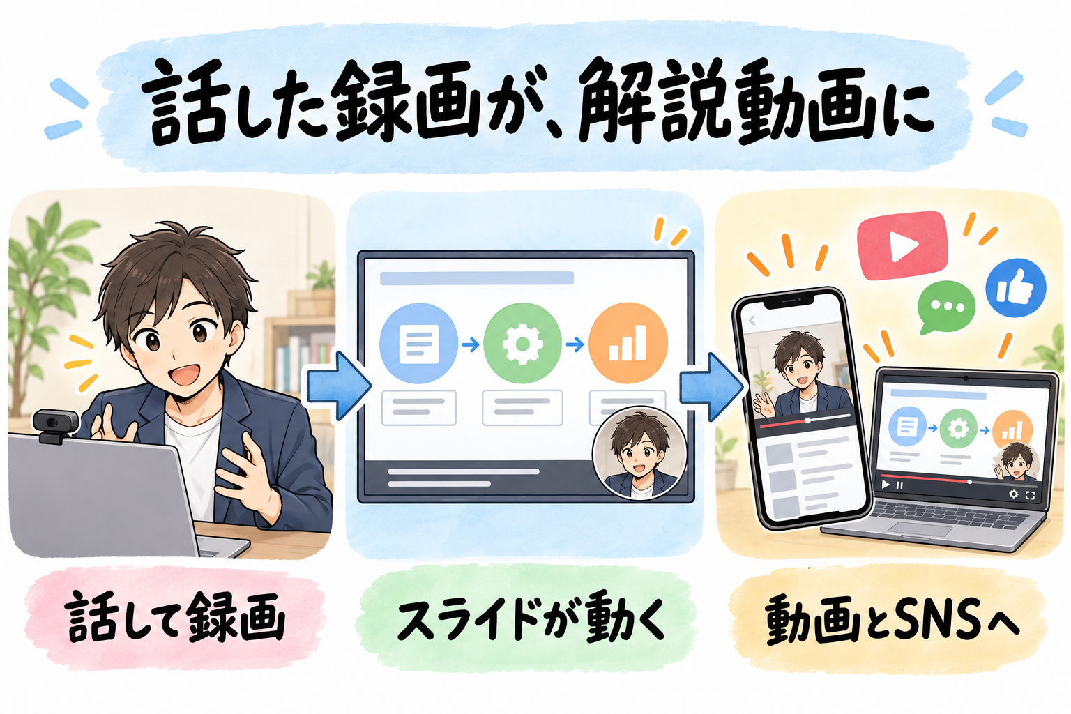 話して録画、スライドが動く、動画とSNSへの3段階を描いた図解。
