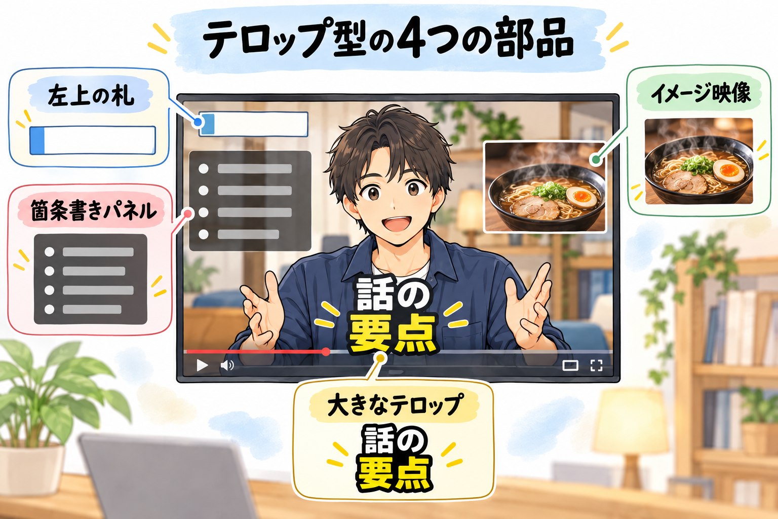 テロップ型の4つの部品。大きなテロップ、左上の札、箇条書きパネル、イメージ映像を描いた図解。