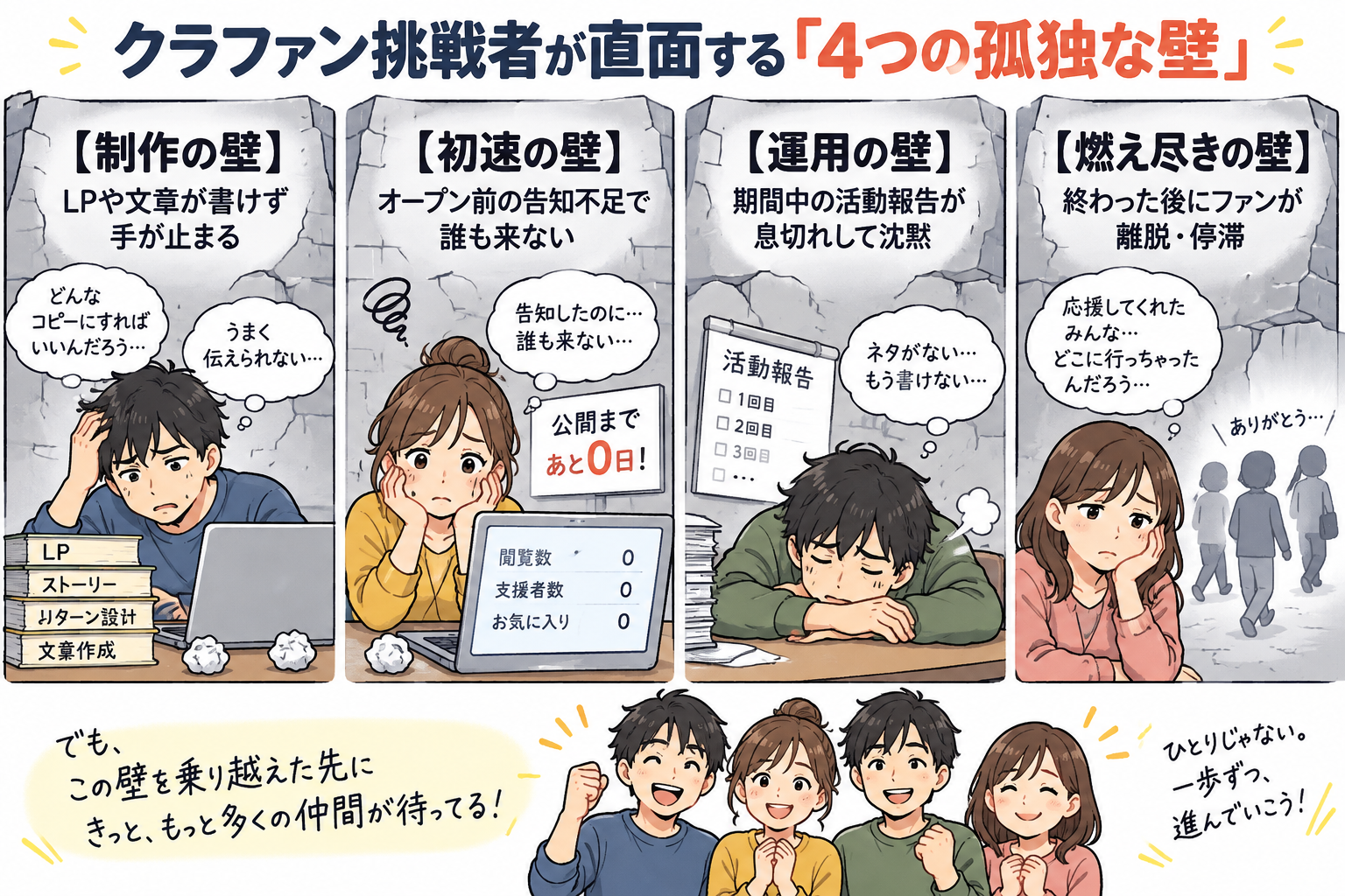 クラファン挑戦者が直面する4つの孤独な壁を示す図解
