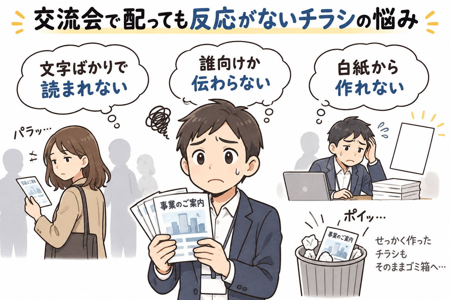 交流会で配っても反応がないチラシの悩みを示す図解