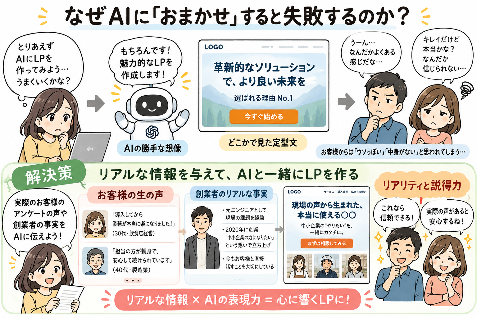 なぜAIに「おまかせ」すると失敗するのか？AIの勝手な想像や定型文ではなく、お客様の生の声をインプットすることで圧倒的な説得力が生まれる。