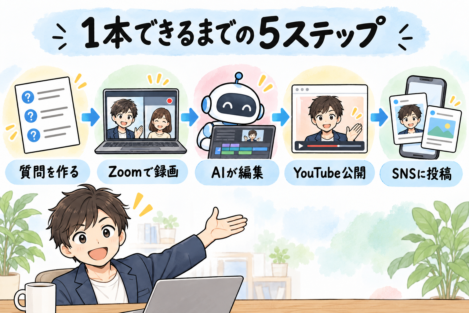 1本できるまでの5ステップ。質問を作る、Zoomで録画、AIが編集、YouTube公開、SNSに投稿。