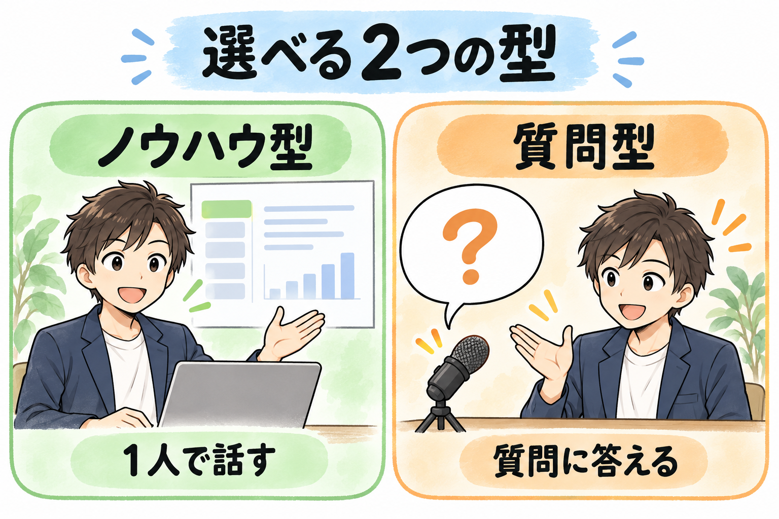 選べる2つの型。1人で話すノウハウ型と、質問に答える質問型。