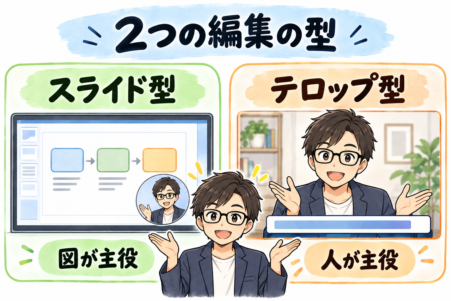 2つの編集の型。図が主役のスライド型と、人が主役のテロップ型。