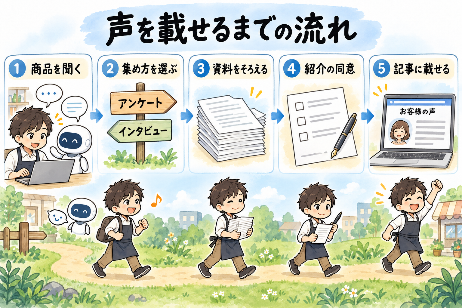 声を載せるまでの流れ。商品を聞く、集め方を選ぶ、資料をそろえる、紹介の同意、記事に載せるの5段階。