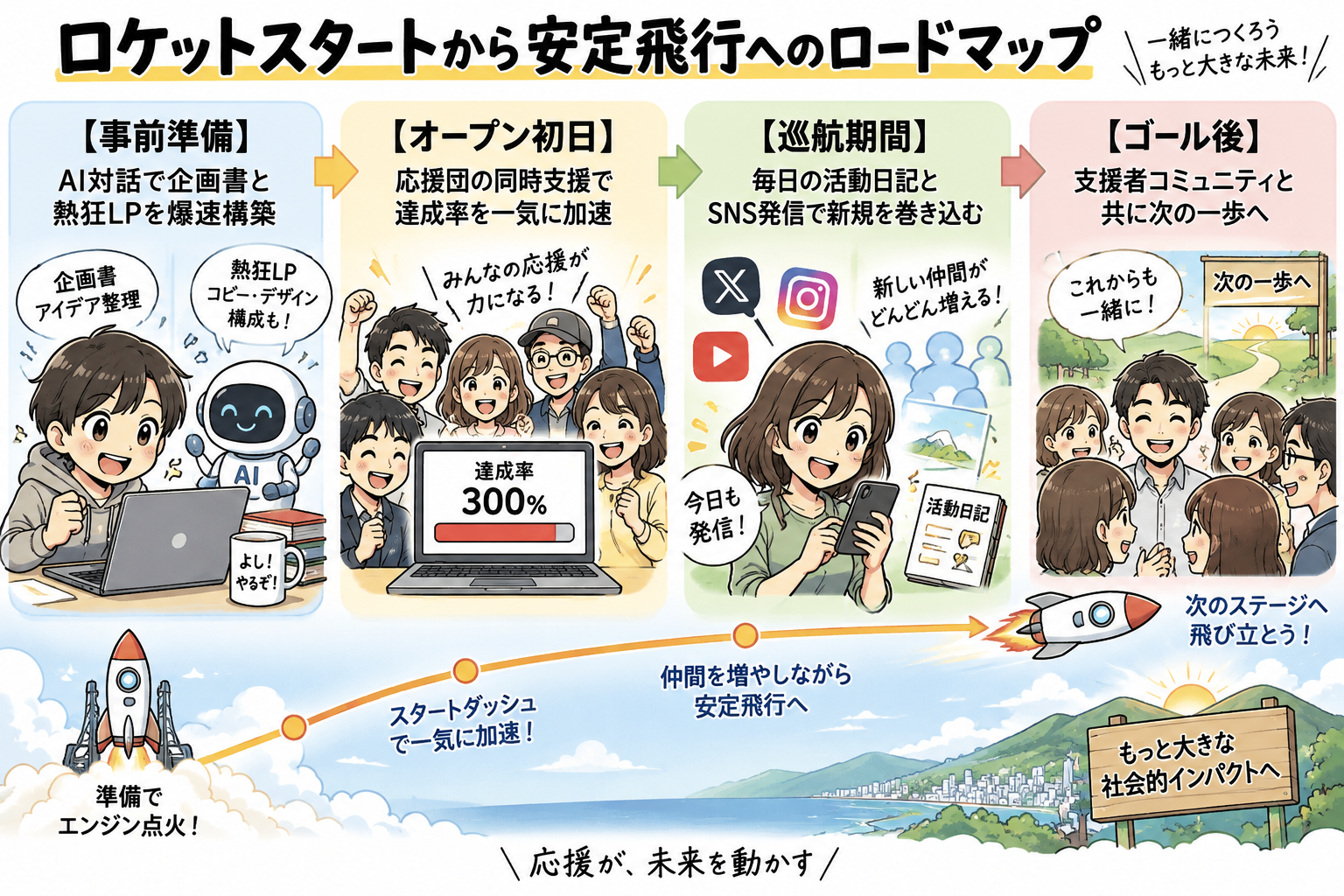 ロケットスタートから安定飛行へのロードマップを示す図解