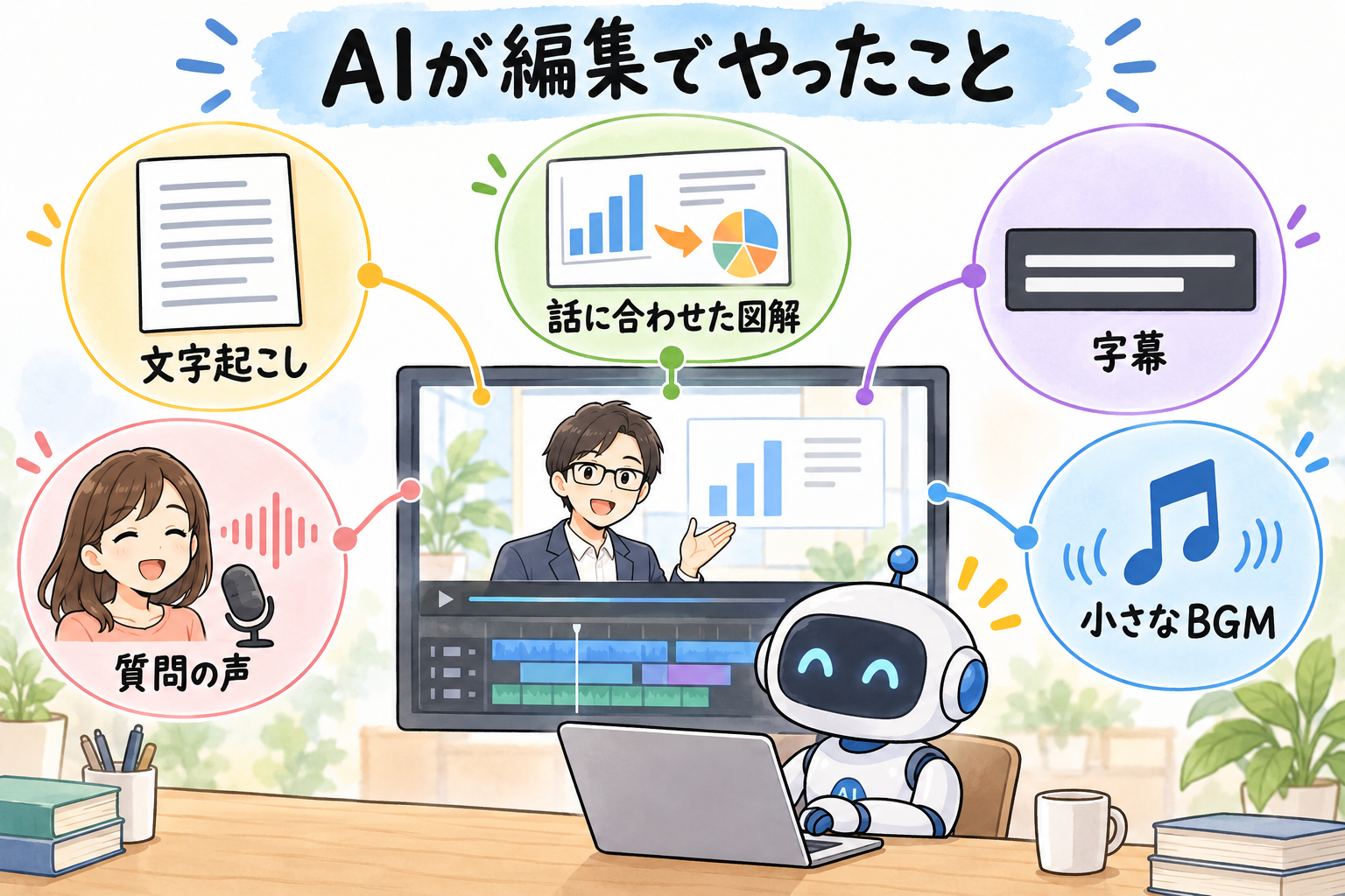 AIが編集でやったこと。文字起こし、質問の声、話に合わせた図解、字幕、小さなBGM。
