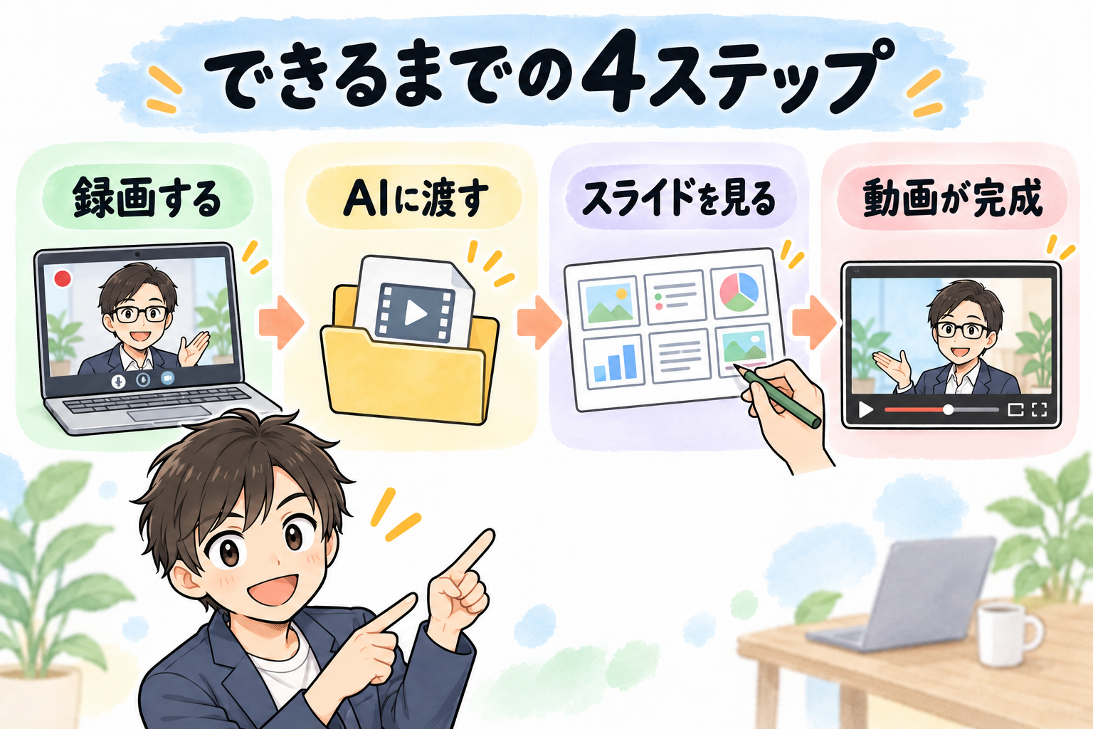できるまでの4ステップ。録画する、AIに渡す、スライドを見る、動画が完成。