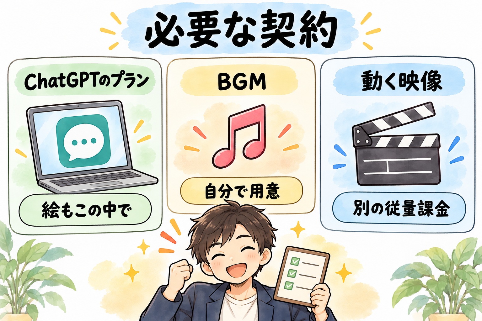 必要な契約。ChatGPTのプランで絵もこの中で、BGMは自分で用意、動く映像は別の従量課金。