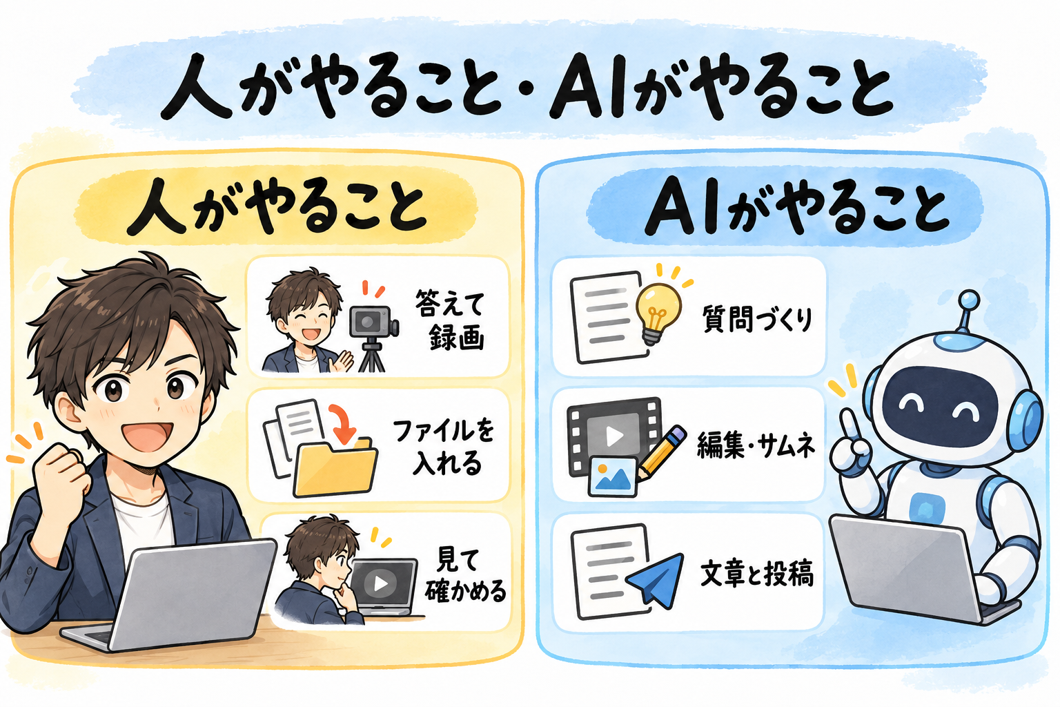 人がやることは、答えて録画・ファイルを入れる・見て確かめる。AIがやることは、質問づくり・編集とサムネ・文章と投稿。