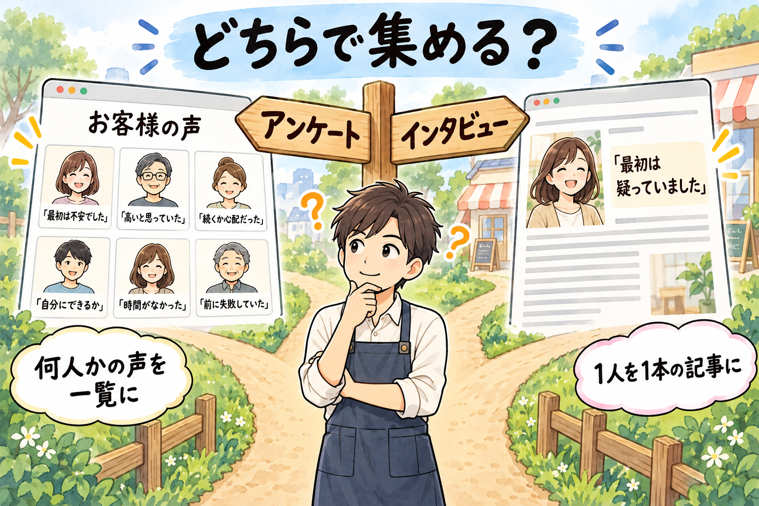 アンケートは何人かの声を一覧に、インタビューは1人を1本の記事に。どちらで集めるかを選ぶ分かれ道の図解。
