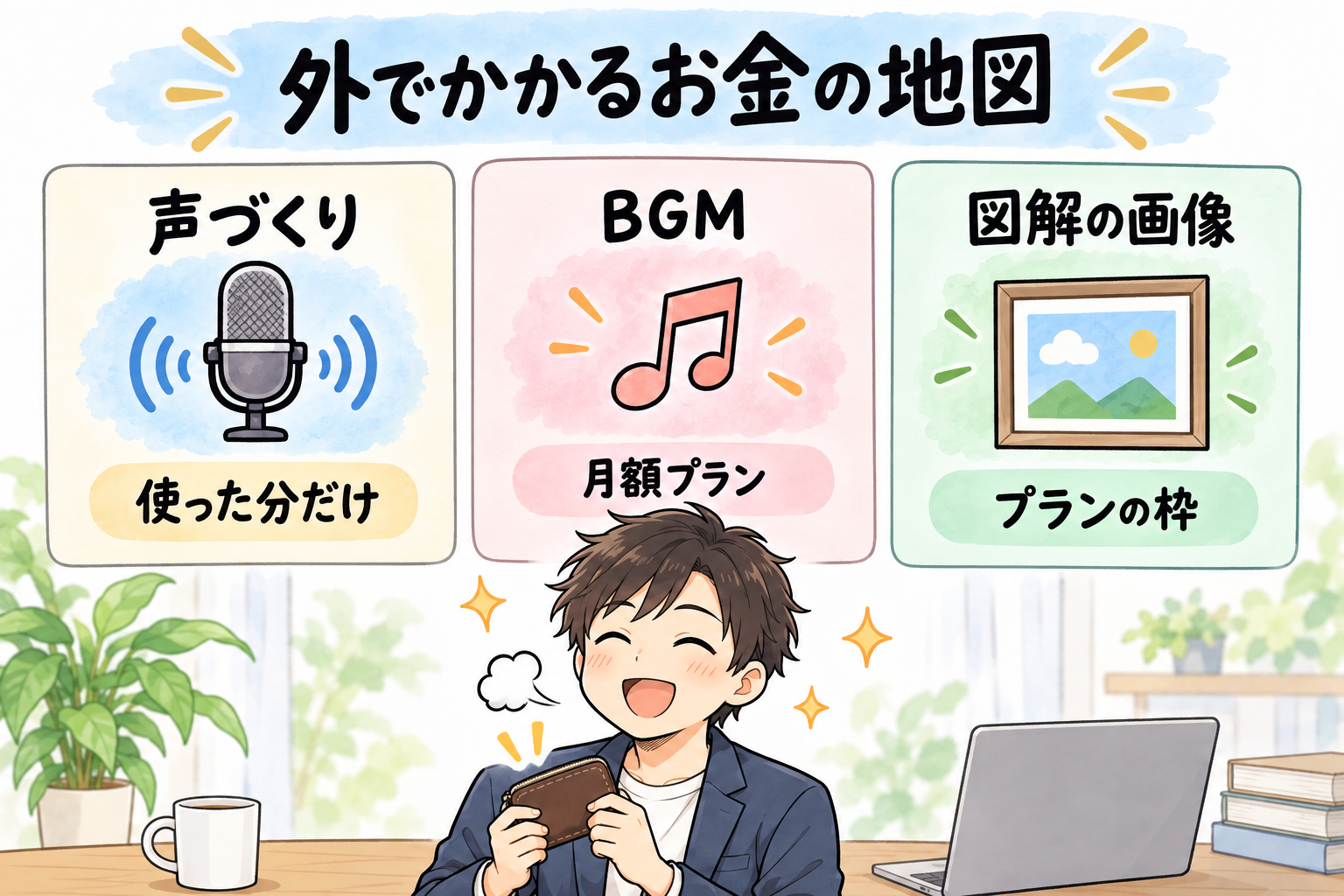 外でかかるお金の地図。声づくりは使った分だけ、BGMは月額プラン、図解の画像はプランの枠。