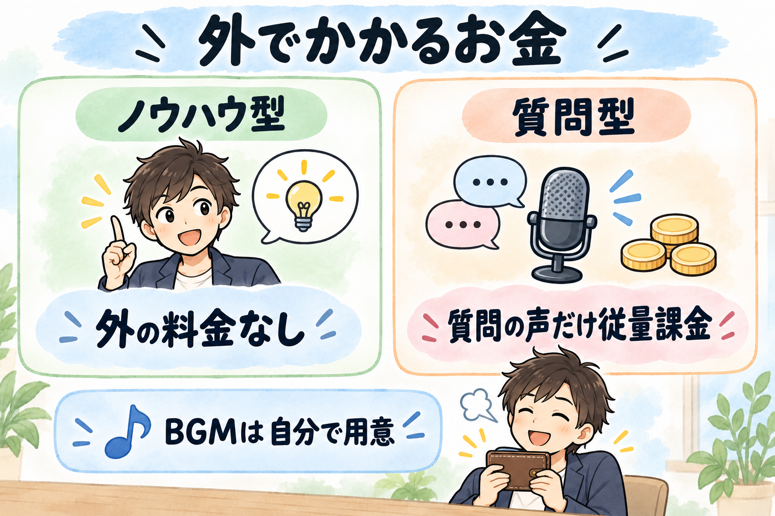 外でかかるお金。ノウハウ型は外の料金なし、質問型は質問の声だけ従量課金、BGMは自分で用意。