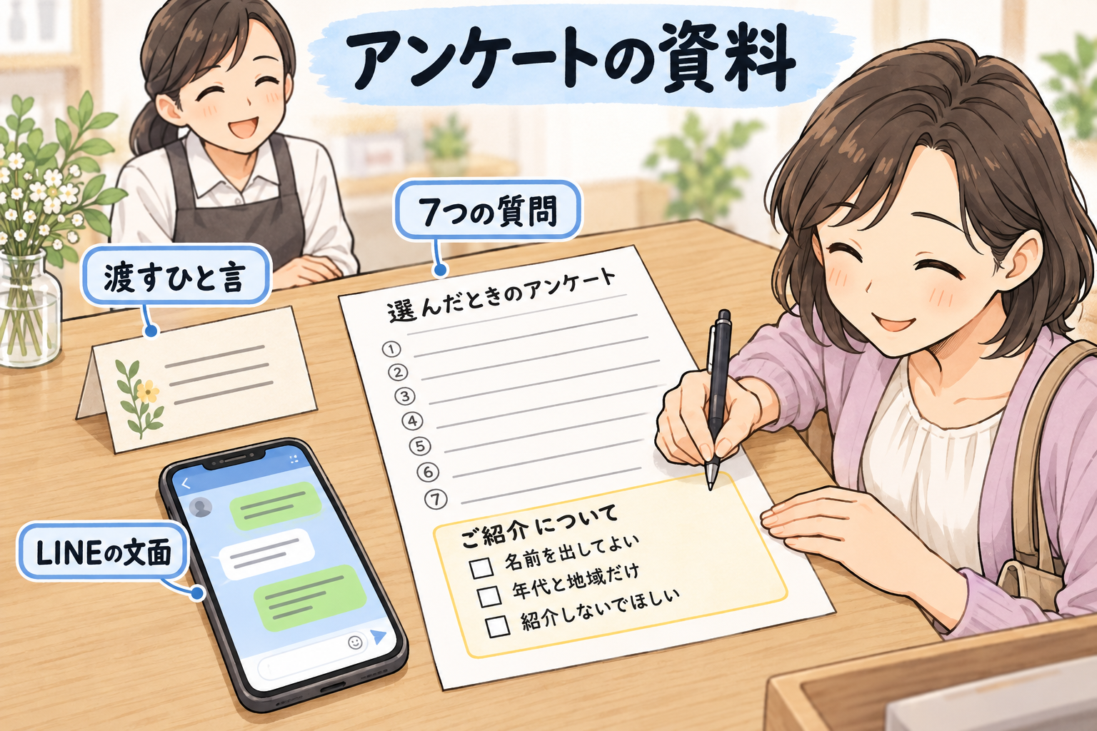 アンケートの資料。7つの質問の用紙、渡すひと言、LINEの文面、紹介しない、も選べるご紹介についての欄。