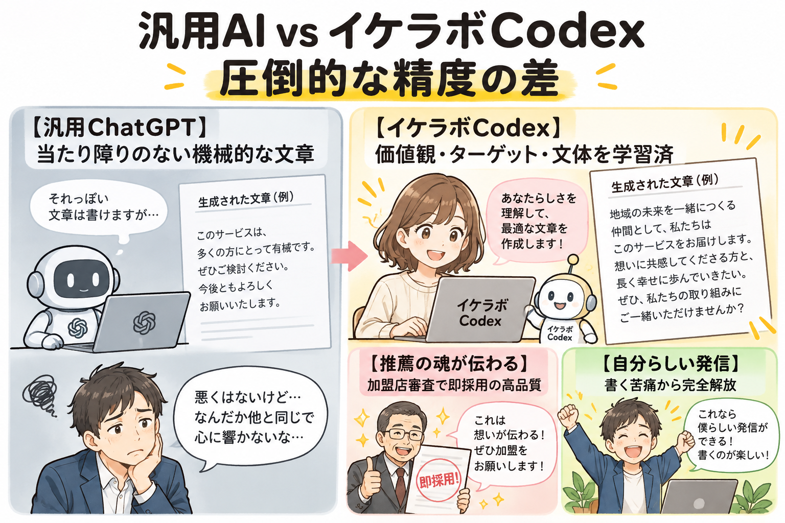 汎用ChatGPTと文脈を学習したイケラボCodexの精度差を示す図解