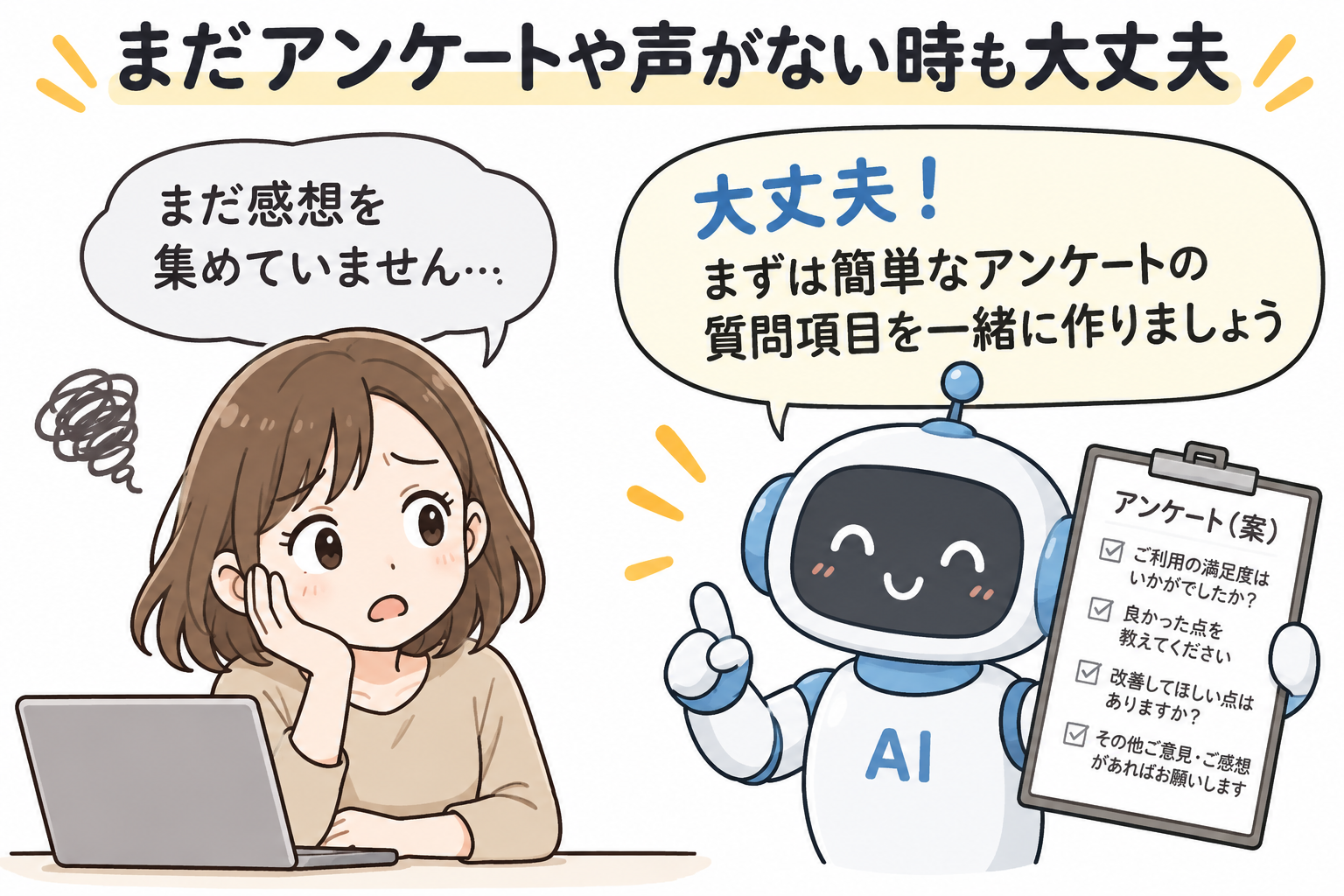 まだアンケートや声がない時も大丈夫を示す図解