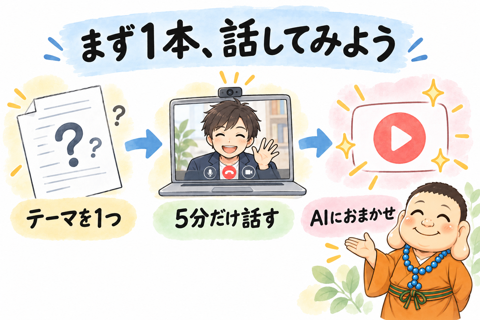 まず1本、話してみよう。テーマを1つ、5分だけ話す、AIにおまかせ。
