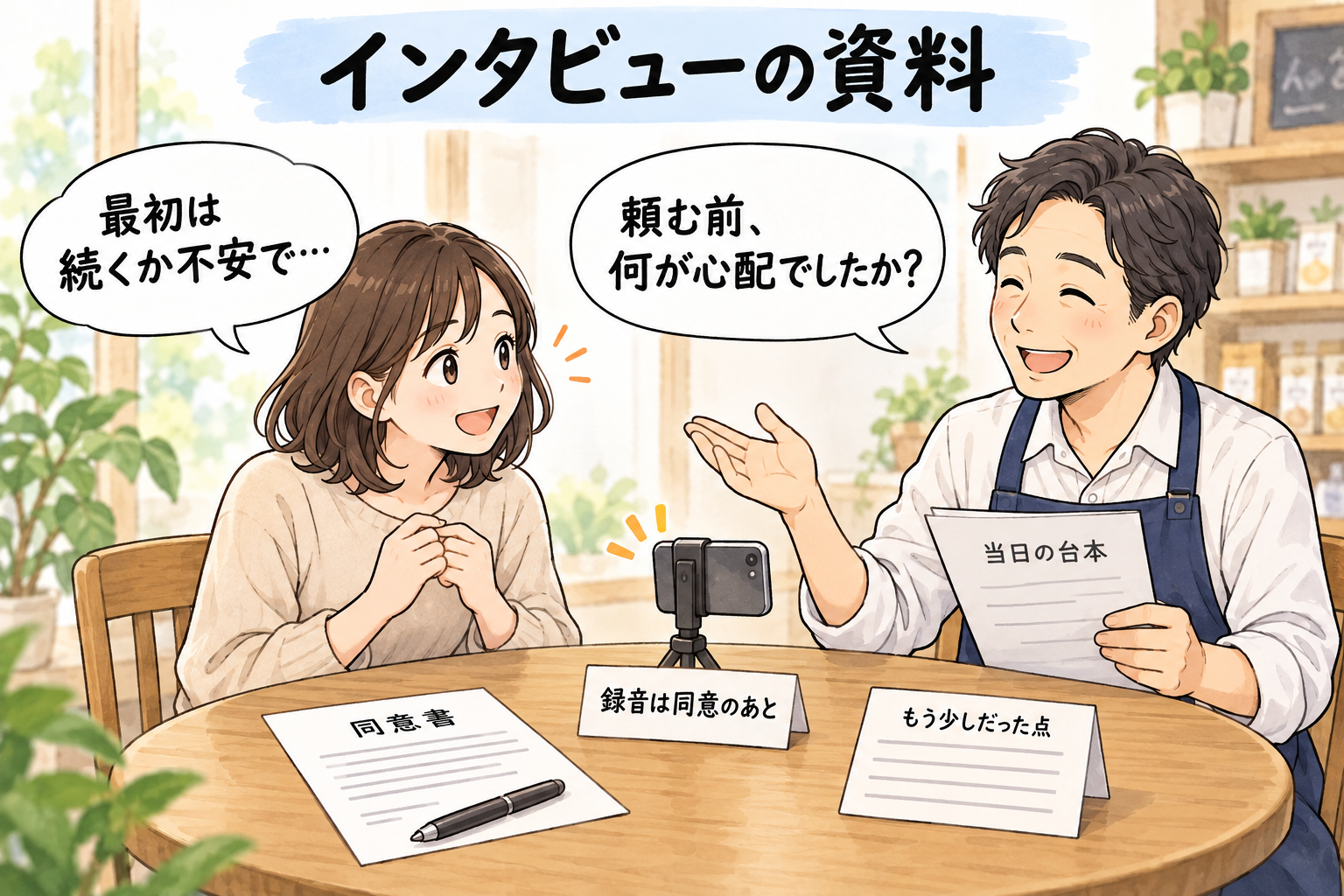 インタビューの資料。当日の台本、録音は同意のあと、同意書、もう少しだった点のメモ。