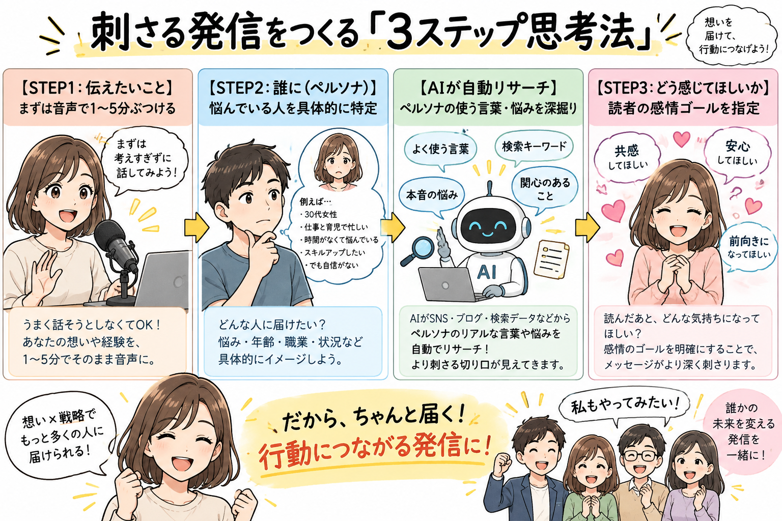 刺さる発信をつくる「3ステップ思考法」を示す図解