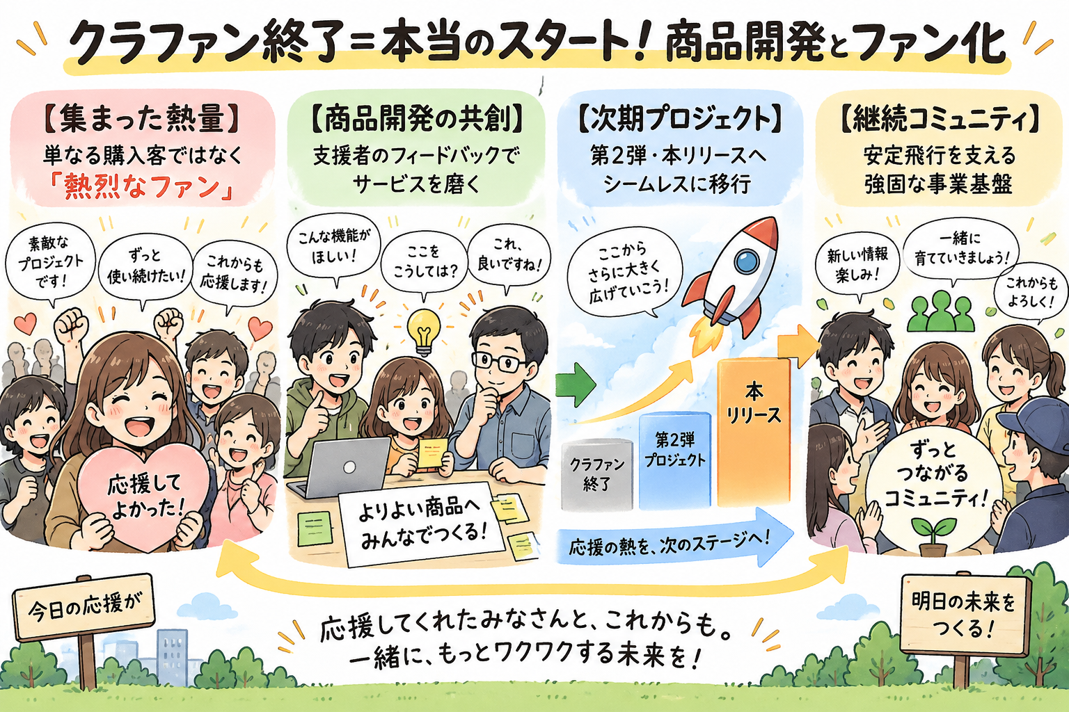 クラファン終了＝本当のスタート！商品開発とファン化を示す図解