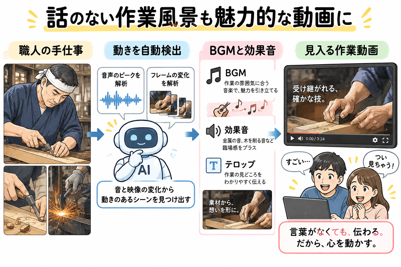 話のない作業風景も魅力的な動画にする図解