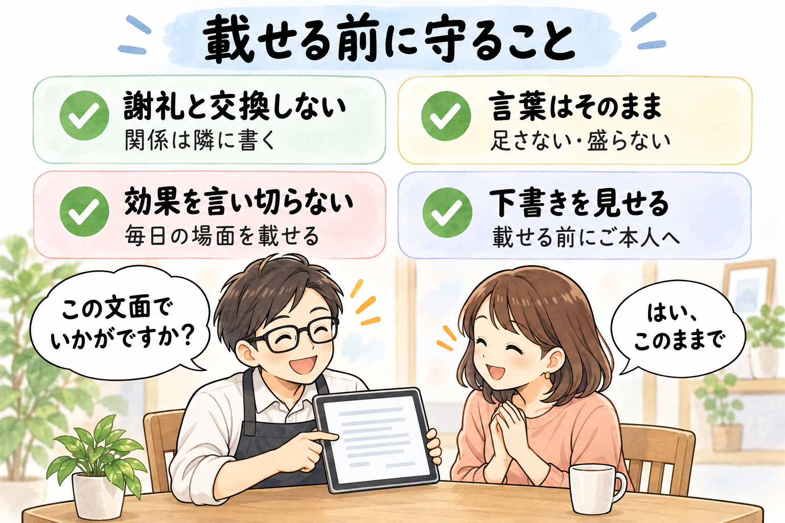 載せる前に守ること。謝礼と交換しない、言葉はそのまま、効果を言い切らない、下書きを見せる。