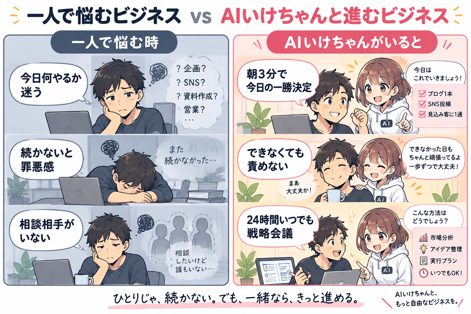 一人で悩むビジネス vs AIいけちゃんと進むビジネスの比較図解