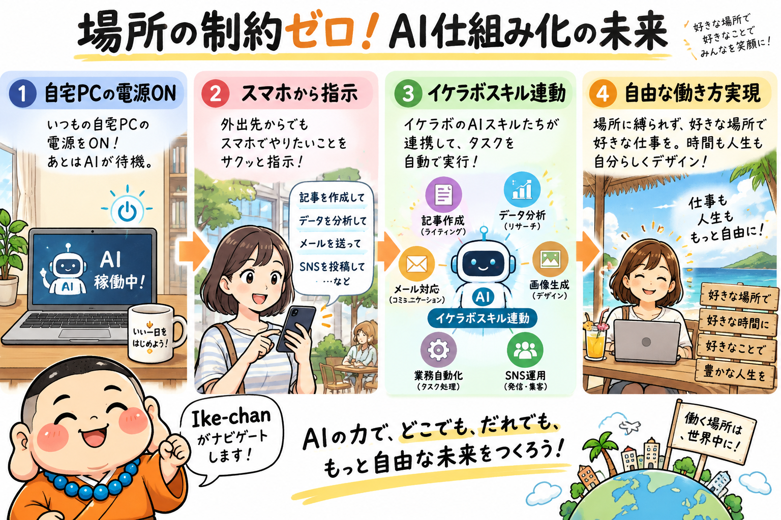 場所の制約ゼロで自由に働くAI仕組み化の未来を示す図解