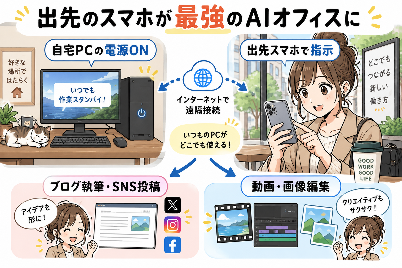 出先のスマホが最強のAIオフィスになる全体像を示す図解