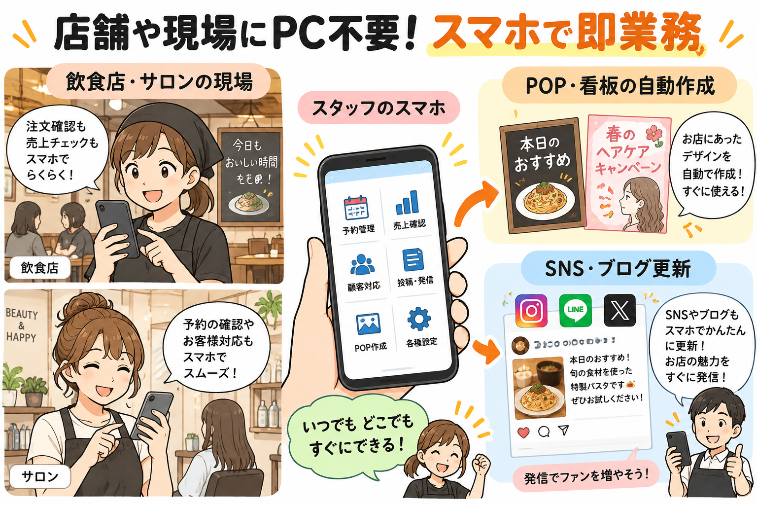 店舗や現場にPC不要でスマホ業務が回る現場革命を示す図解